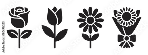 Minimalist black glyph icons of various flowers, showcasing a romantic rose, an elegant tulip, a cheerful daisy, and a celebratory bouquet tied with a decorative ribbon