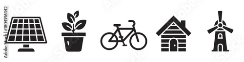 A set of black silhouette icons representing an eco-friendly lifestyle, including a solar panel, potted plant, bicycle, wooden house, and windmill for sustainable concepts