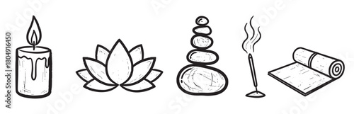 A set of hand-drawn doodle icons for relaxation and wellness, including a candle, lotus flower, stacked stones, incense stick, and a rolled yoga mat in a simple sketch style