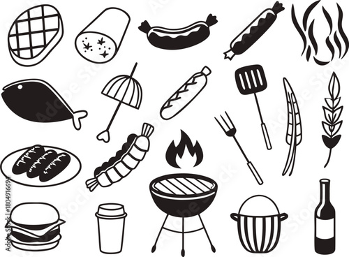 Vector bbq food icons bundle scalable eps illustration grilled steak sausage burger grill