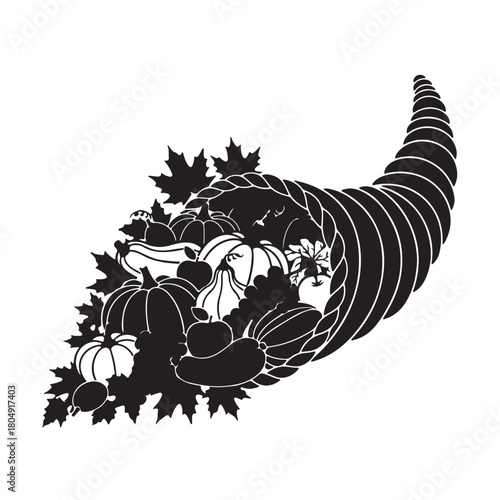 A black and white illustration of a cornucopia overflowing with autumn harvest