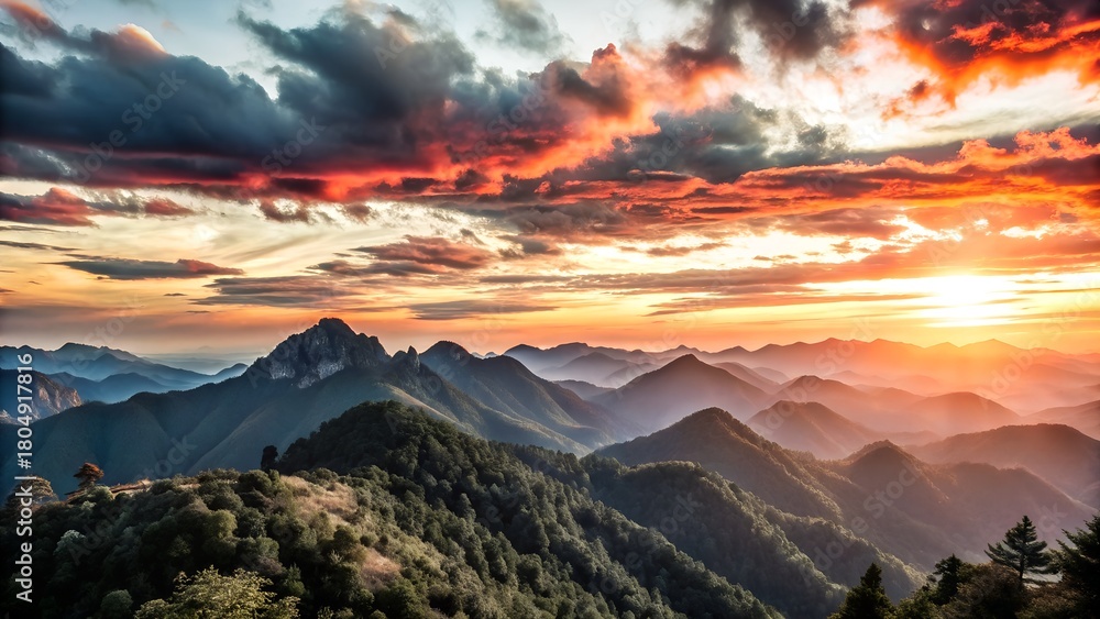 Obraz premium Mountains under a sunset sky