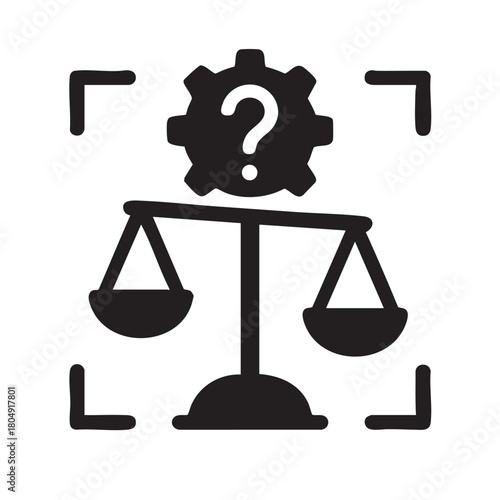 A black silhouette of scales with a question mark inside a gear framed by a square focusing symbol depicting uncertainty