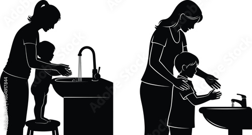 Mother Helping Child Wash Hands – Hygiene and Handwashing Safety Silhouette