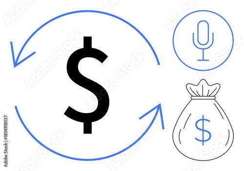 Large dollar sign with circular arrows, cash bag, and microphone. Ideal for finance, income growth, payment systems, investment, wealth economy and profit representation. Simple flat metaphor