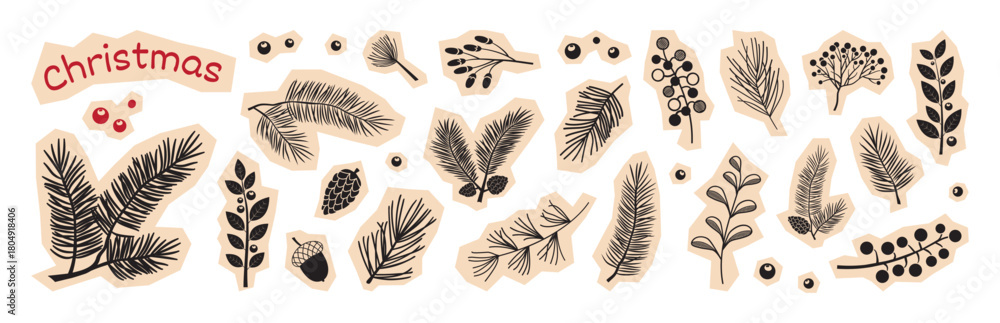 Fototapeta premium Christmas fir tree, pine cone sticker, winter plant paper scrapbooking. Holly berry, black branch needle. Holiday evergreen twig set for New Year isolated on white bg. Xmas vintage vector illustration