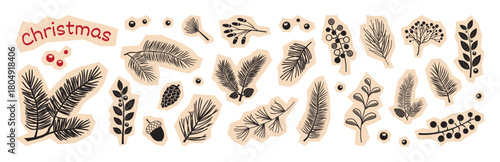 Christmas fir tree, pine cone sticker, winter plant paper scrapbooking. Holly berry, black branch needle. Holiday evergreen twig set for New Year isolated on white bg. Xmas vintage vector illustration