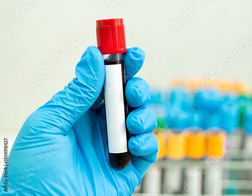 Close-up of a hand wearing a blue medical glove holding a blood sample test tube with a red cap in a laboratory environment. Concept of medical testing, blood analysis, healthcare, and diagnostics.
