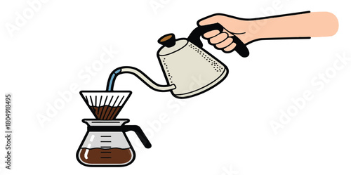 Hand Pouring Hot Water from Gooseneck Kettle into Dripper and Server Illustration: Pour-Over Coffee Brewing Method, Drip Coffee, Barista, and Manual Preparation Vector Graphic