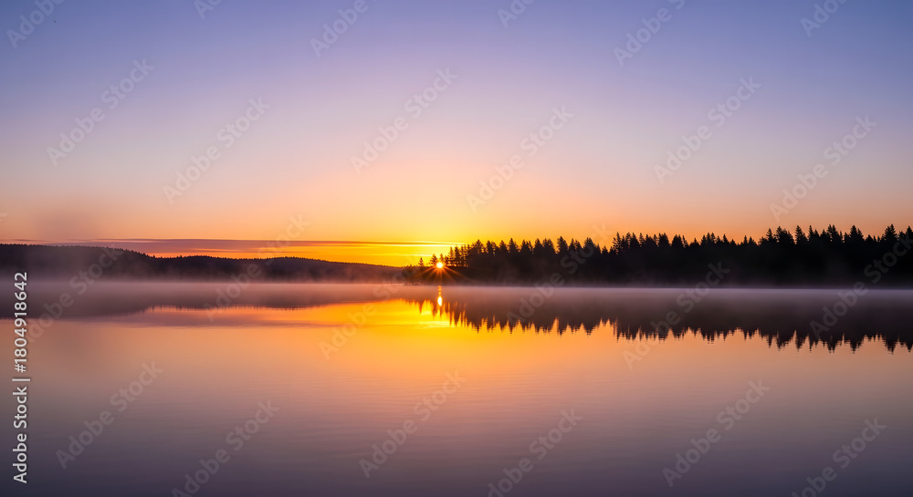 Obraz premium Calm lake reflecting the sunrise with trees and fog in the distance at a peaceful morning scene