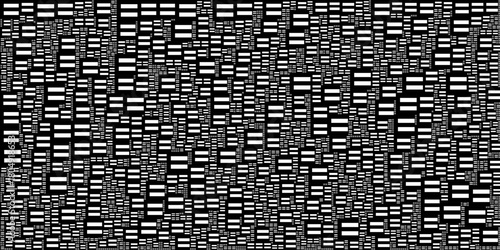 A densely packed abstract pattern of black and white rectangles creating a complex texture. This geometric surface represents a stream of data, code, and technology concepts.