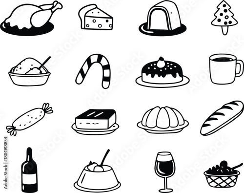 Vector holiday food icons bundle roast turkey desserts drinks festive christmas celebration graphics