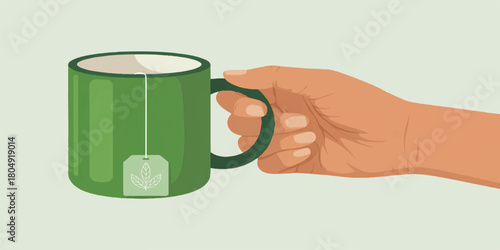Hand Holding Green Tea Mug Illustration with Tea Bag: Hot Herbal Drink, Warm Beverage, Morning Break, and Relaxation Concept Flat Vector Graphic