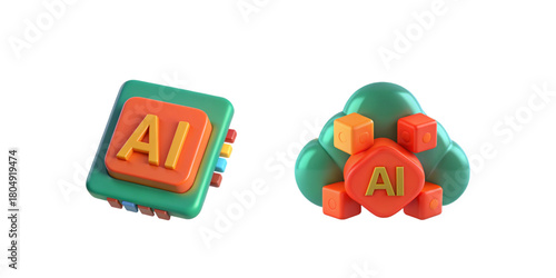 Icons centered on artificial intelligence concepts, including a tablet-style AI badge and a cluster of geometric shapes with an AI label. These designs combine bright oranges and greens.