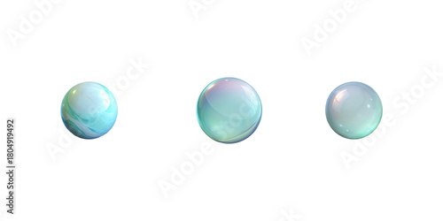 Large glossy iridescent spheres in teal, mint and pearl hues with smooth highlights and soft reflections for abstract decorative design.