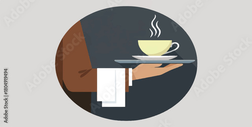 waiter, service, icon, flat design, vector, hospitality, restaurant, cafe, catering, hot drink, coffee, tea, cup, steaming, beverage, tray, serving, hand, professional, hotel, business, food service, 