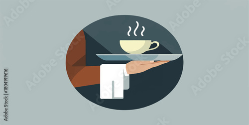 Flat Design Waiter Service Icon: Hand Holding Tray with Steaming Coffee/Tea Cup - Restaurant, Cafe, Hospitality, Catering, and Beverage Service Vector Graphic