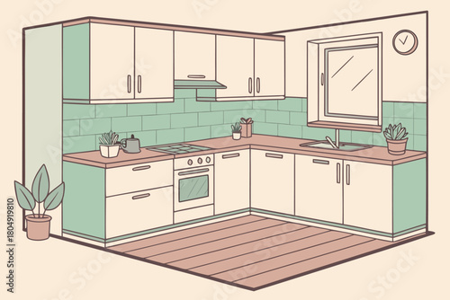 Mint backsplash and beige cabinets in cozy L-shaped kitchen interior, warm wooden floor, minimal flat vector art