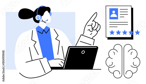Customer support agent at laptop with headset pointing at user profile and ratings, next to AI brain graphic. Ideal for technology, customer service, AI, feedback, ratings, communication, teamwork