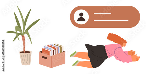 Woman absorbed in reading on floor, surrounded by personal growth symbols thumbs up box of books, plant, and minimalist user profile graphic. Ideal for learning, passion, organization, self-care