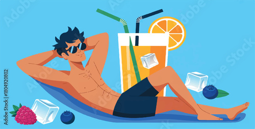 summer, vacation, holiday, beach, relaxation, sunbathing, man, male, flat illustration, vector, orange juice, drink, beverage, ice, ice cubes, berries, raspberry, blueberry, tropical, leisure, travel,