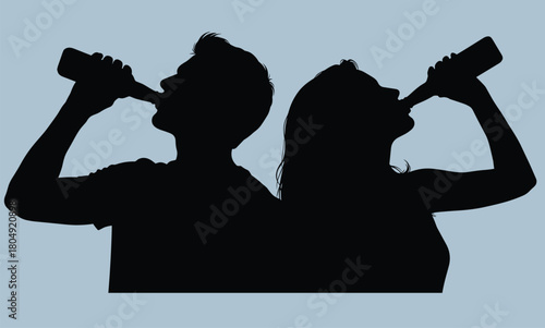 Silhouette of man and woman drinking from bottles side by side, isolated couple beverage consumption concept, white background