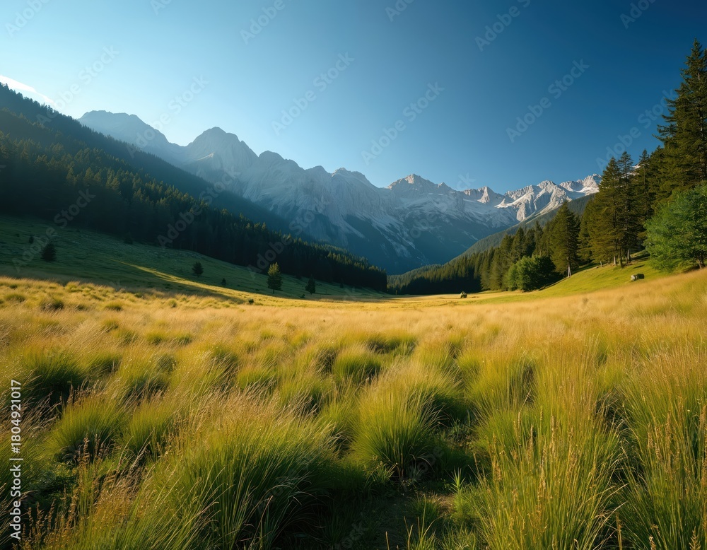 Obraz premium Mountain landscape with green grass, trees. Snowy mountain range under blue sky. Nature scenery with forest, hills. Green field, trees in front of mountains. Landscape with grassy field, forest.
