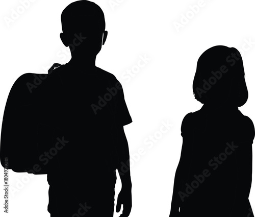 Silhouette of schoolboy with backpack standing beside young girl, child vector graphic design for education and family themes