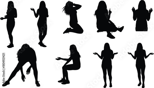 Silhouettes of young woman posing in expressive standing sitting jumping and gesture actions for illustration design projects and creativity