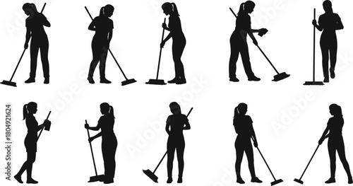 Women cleaning silhouettes mopping floors, housekeeping tasks, janitorial worker poses for professional sanitation service design illustration