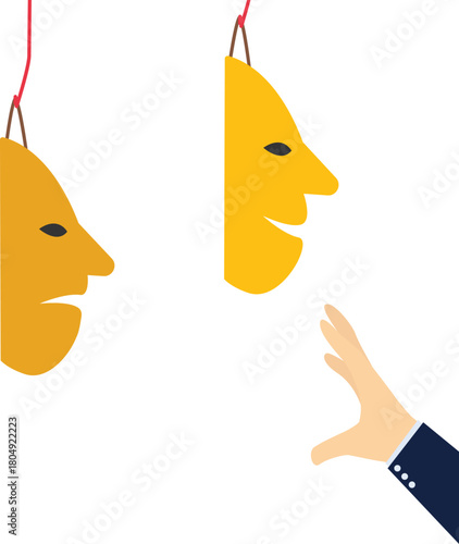 A businessman chooses a mask with emotions, showing miraculous transformation and skills to control his own mood, stock illustration

