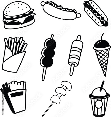 Vector street food icons bundle burger taco hot dog fries ice cream scalable eps illustration