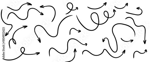 arrow set vector. Arrow vector line icon set. Hand drawn brush sketch arrow line curve up, down shape chalk texture element set. Abstract grunge scribble chalk crayon style.