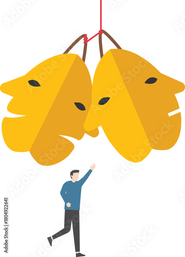A businessman chooses a mask with emotions, showing miraculous transformation and skills to control his own mood, stock illustration

