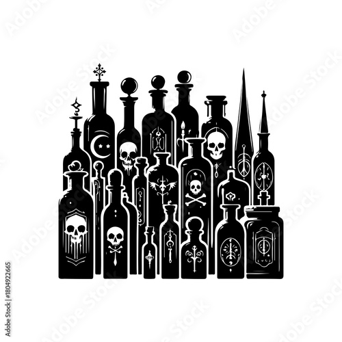 Gothic Poison Bottle and Apothecary Jar Set. Creepy vintage medical vials and alchemy potion containers isolated on white.