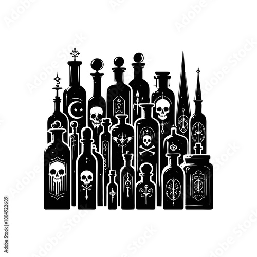 Gothic Poison Bottle and Apothecary Jar Set. Creepy vintage medical vials and alchemy potion containers isolated on white.