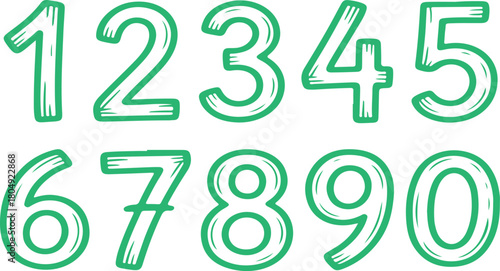 Green numbers one through zero hand drawn style digits counting