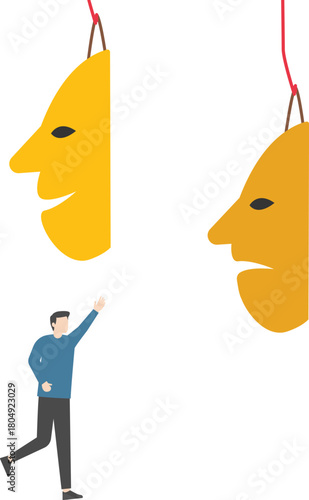 A businessman chooses a mask with emotions, showing miraculous transformation and skills to control his own mood, stock illustration

