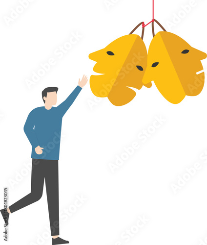 A businessman chooses a mask with emotions, showing miraculous transformation and skills to control his own mood, stock illustration

