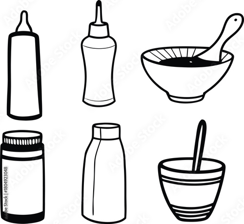 Hand drawn sauce and condiment icons vector bundle for food and kitchen designs scalable eps