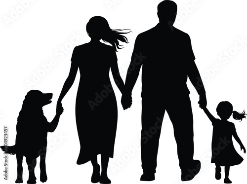 Silhouette of happy family walking together with child and dog, parents holding hands, pet companionship outdoor illustration