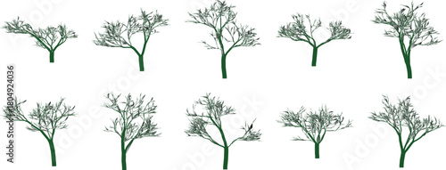 Collection of stylized trees with green trunks and sparse foliage, isolated on white
