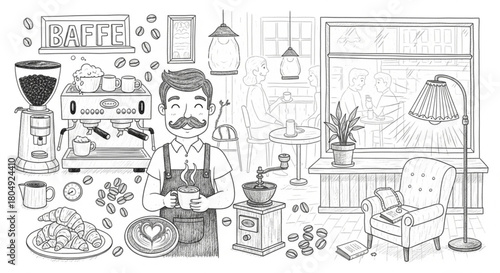 Coffee shop doodles: barista, equipment, and cozy cafe essentials in hand-drawn style
