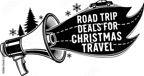 Holiday megaphone announcing road trip deals for christmas travel promotion
