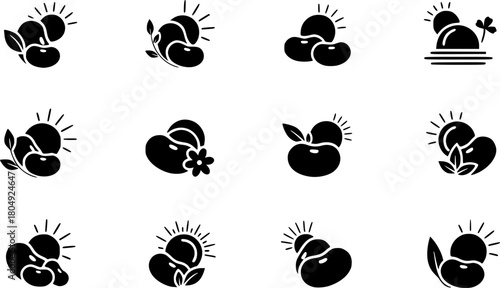 Minimalist black bean icons with nature elements and sun symbols
