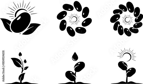 Minimalist black bean icons with nature elements and sun symbols
