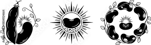 Minimalist black bean icons with nature elements and sun symbols
