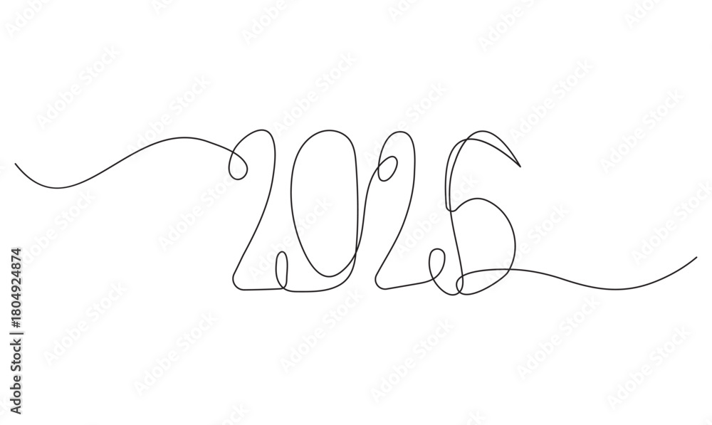 Obraz premium 2026 New Year Continuous Line Drawing on White and Black. Continuous Line 2026 New Year Typography Art Minimalist Design