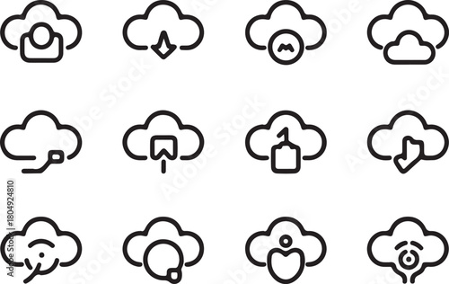 Cloud collaboration of online office meeting line art icon set. Flat black color editable line vector illustration