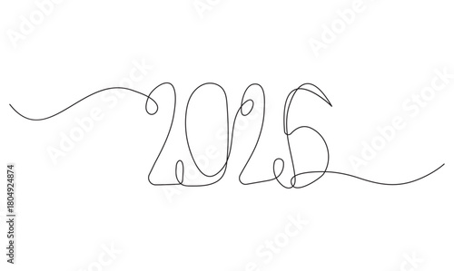 2026 New Year Continuous Line Drawing on White and Black. Continuous Line 2026 New Year Typography Art Minimalist Design